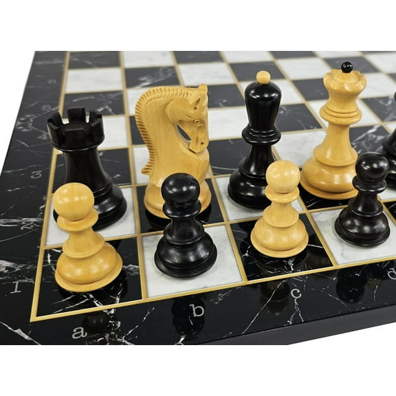 4 QN Black Opposite Tops 3 3/4" King Staunton Wood Chess Set 16.5 Faux Marble Bd