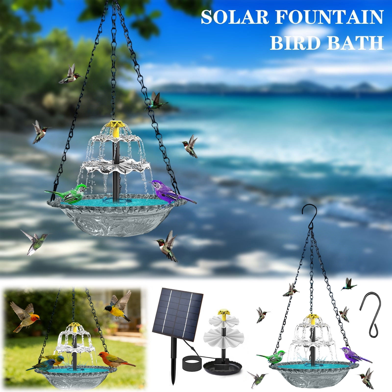Hanging Solar Bird Bath Fountain 3 Layers, 9.84''W Bird Bath Bowl with Solar Powered Pump for Outdoor Garden Backyard Patio Lawn, Wildlife Feeder