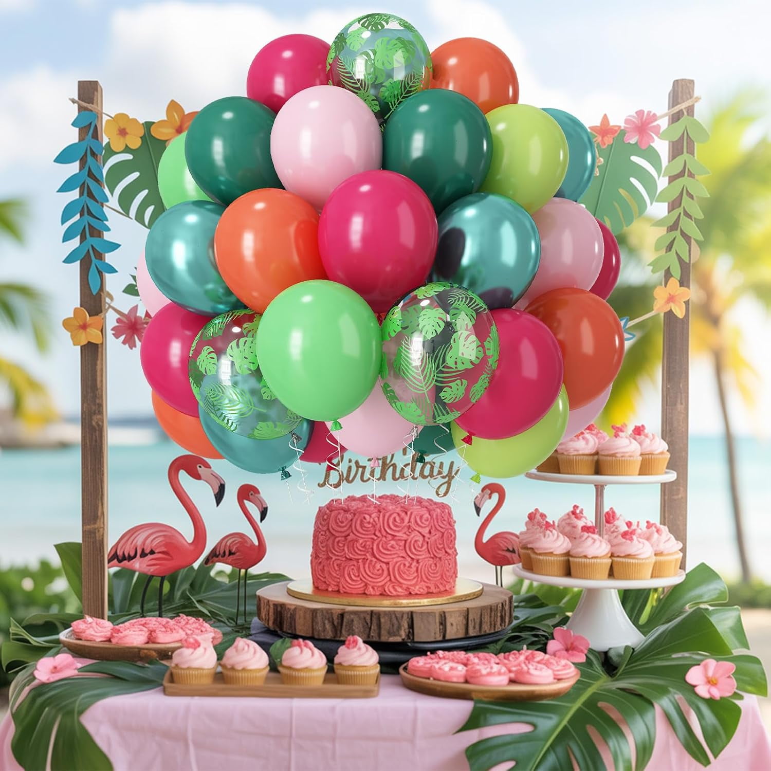 Tropical Balloons, 60 PCS Summer Hawaiian Balloons, Hot Pink Lime Green Orange Metallic Latex Balloon Palm Leaves Helium Party Balloon for Baby Shower Aloha Luau Beach Summer Party Decorations