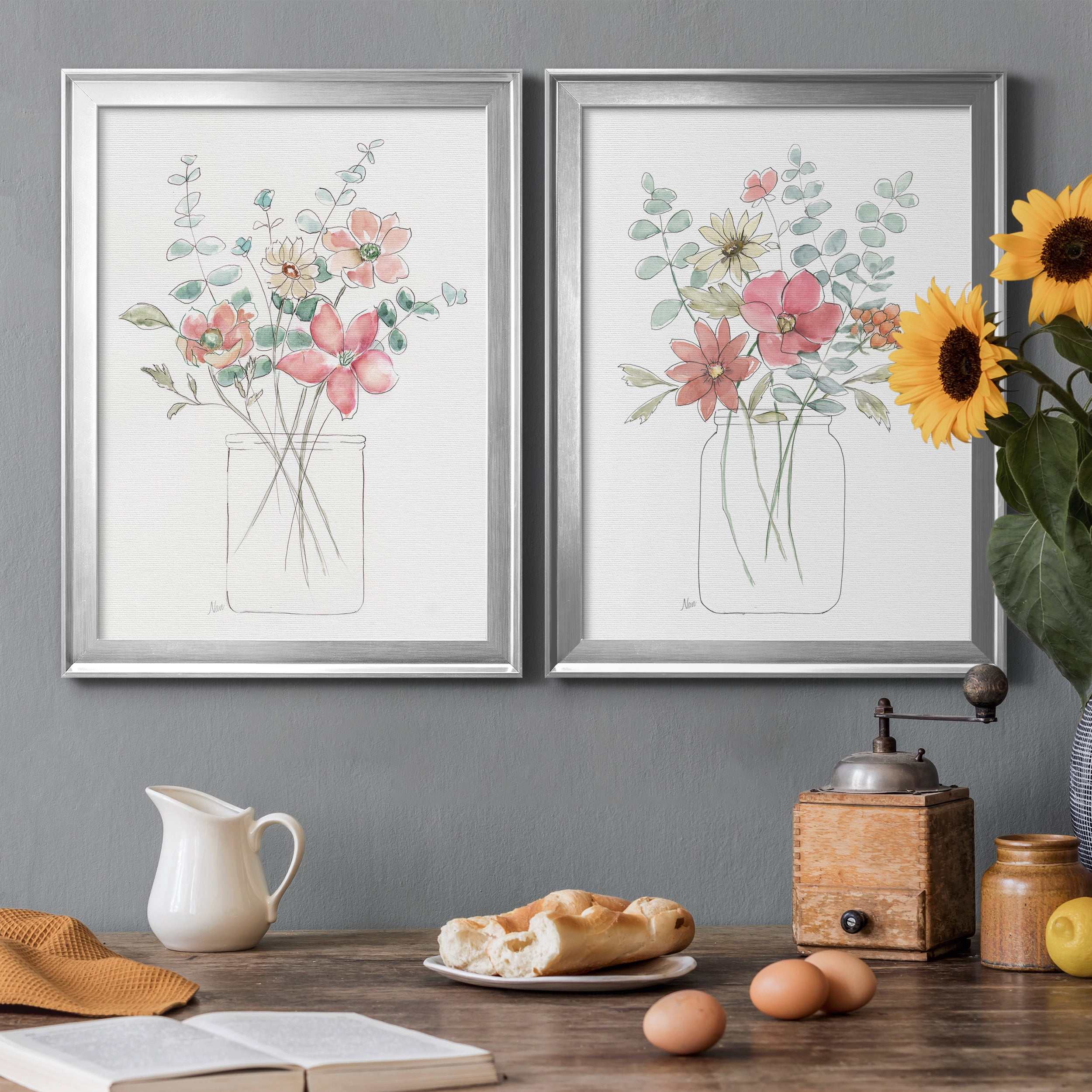 2 Piece Set Whimsical Wildflowers I Premium Framed Canvas - Ready to Hang - 22.5 x 30.5 Each - Silver Frame