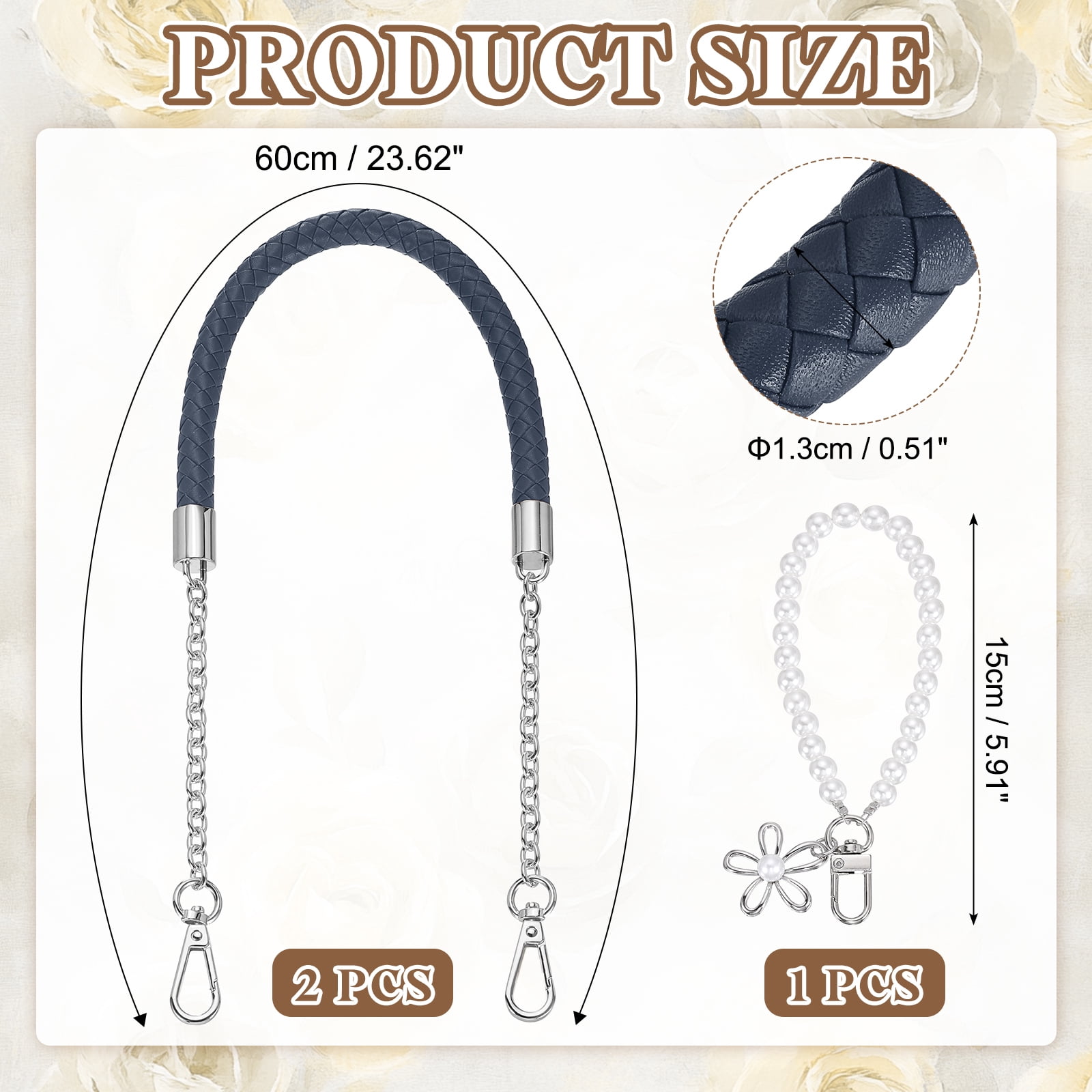 Uxcell 2 Pcs PU Leather Chain Purse Strap, 23.6 Inch Braided Purse Handles Replacement Strap with Pearl Pendant for Tote Bag Handbag Underarm Bag (Blue, Silver Chain)