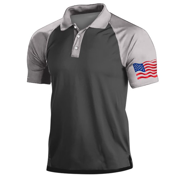 Fnnxeal Mens Color Block Performance Polo, Moisture Wicking Quick Dry Two Tone Shirt, Embroidered American Flag, Dark Gray Raglan Sleeve Golf Polo,Size 2XL