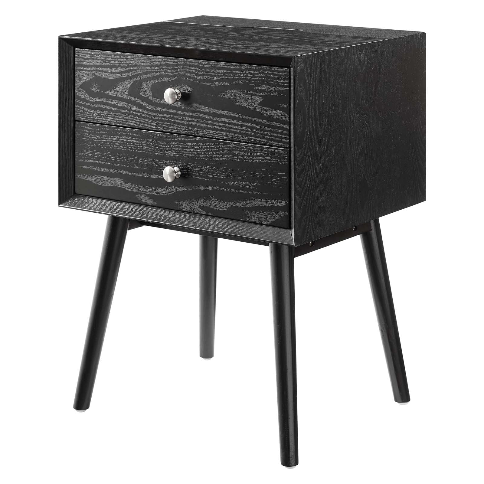 Nightstand Side End Table w/ USB, Wood, Black, Modern Contemporary