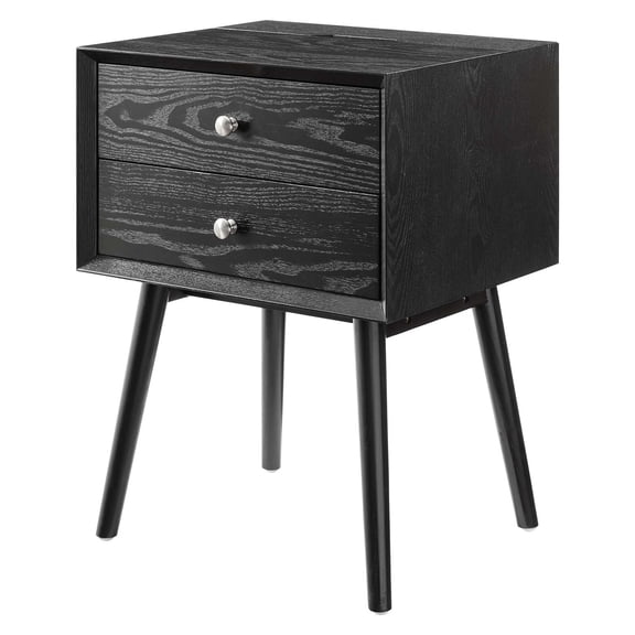 Nightstand Side End Table w/ USB, Wood, Black, Modern Contemporary Urban Design, Bedroom Master Guest Suite Living Room