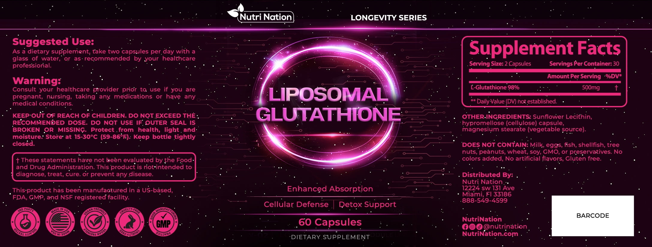 Nutri Nation Liposomal Glutathione Supplement Capsules 500mg, 180 count, Enhanced Absorption, Detox, Immunity, Anti-Aging Support, 3 Bottles