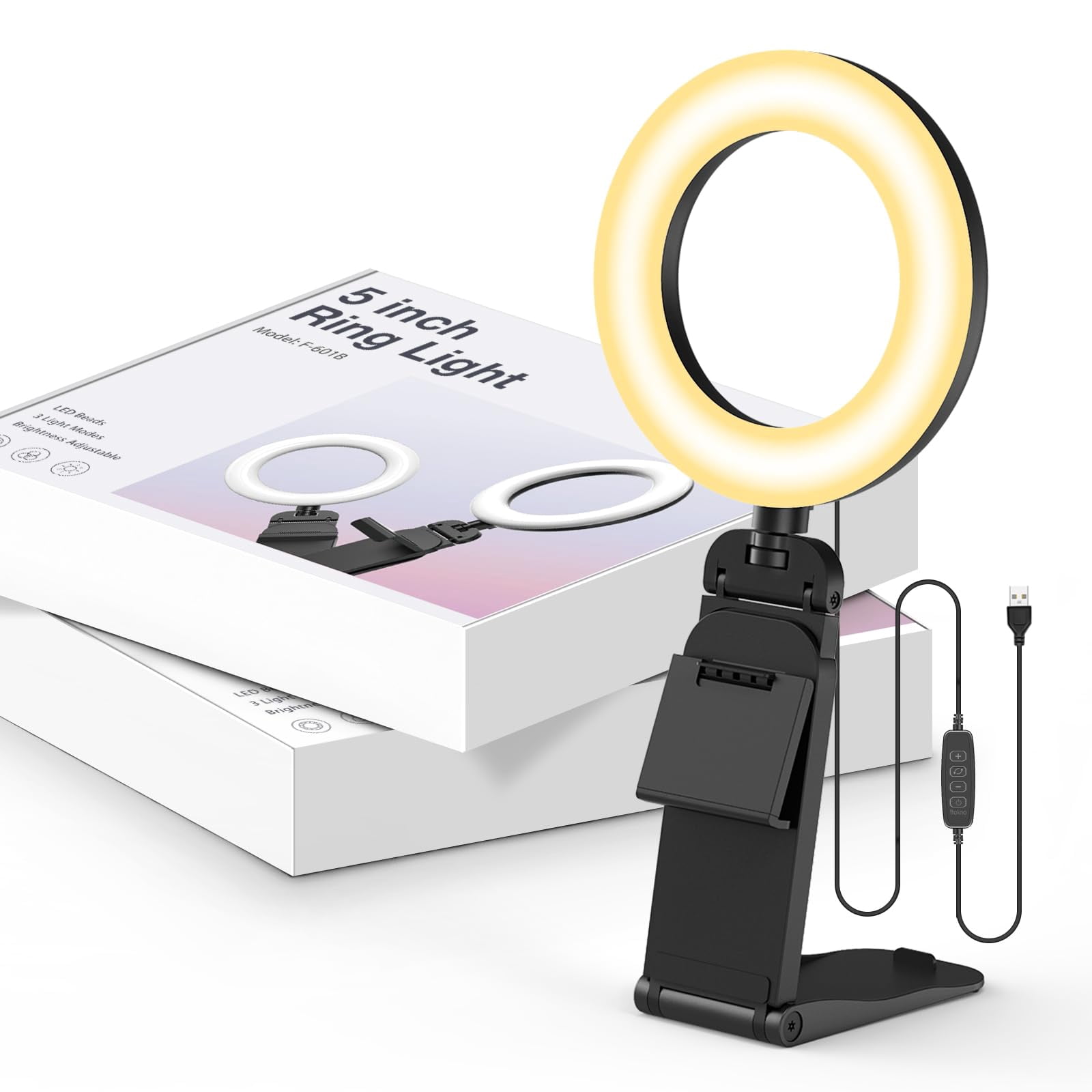 Ring Light for Laptop Desk Clip On,Small Computer Video Conference Lighting with Stand for Phone/Webcam/Monitor,5" Portable Mini LED Selfie Light Desktop for Zoom Meeting/Video Call/Recording(White)