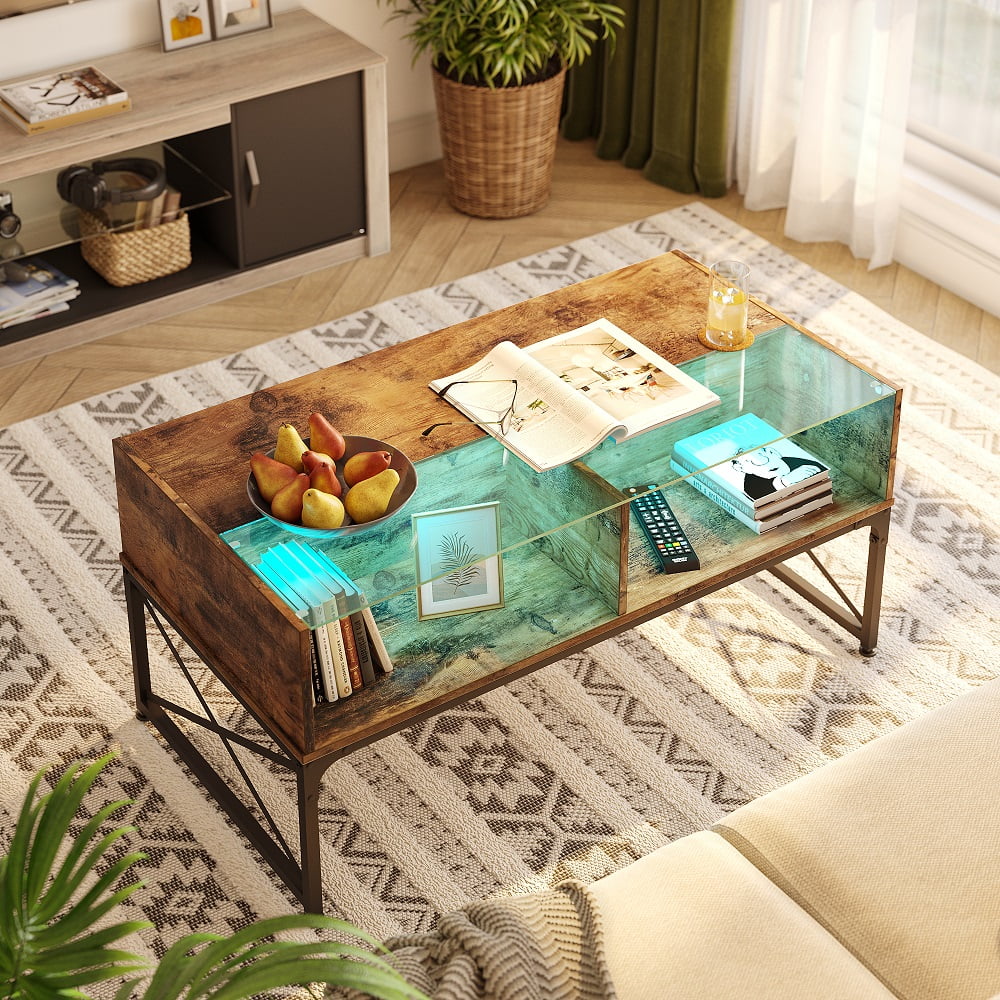 Buy Bestier 42 inch Glass Coffee Table with LED Light & Storage for