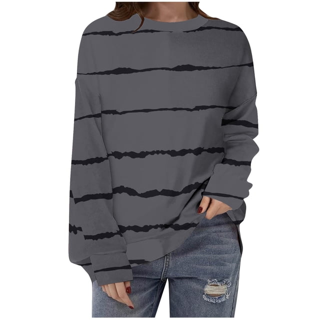 WRKEKC Chandail en Molleton Mode Tendance pour Femmes, Chandail à Manches Longues Col Rond avec Motifs Uniques pour Style Décontracté Mode Urbaine Gris Foncé S
