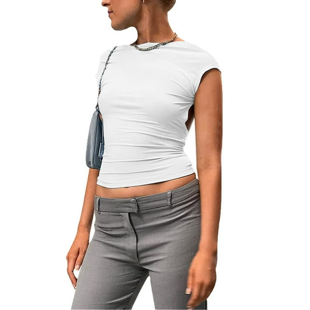Camiseta con espalda abierta,Camiseta ajustada con espalda descubierta y manga corta sin espalda para mujer Diseño de próxima generación con cuello redondo y espalda abierta