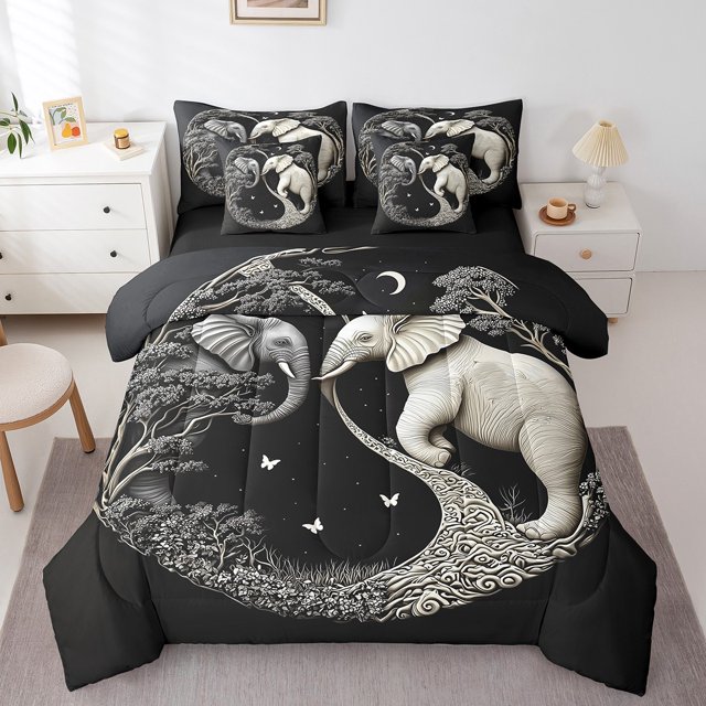 Erosebridal Literie Rétro Éléphant Taille Grand, Ensembles de Literie Bohème Animaux Taille Grand, Blanc Noir, Réversible