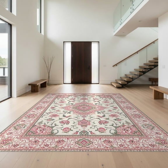 Design&I 8'x10' Washable Area Rug Sleek Flatweave Pet Friendly Pink Boho Vintage Scroll Border Delicate Blossoms Girly Bathroom for King Size Bedroom, Under Bed