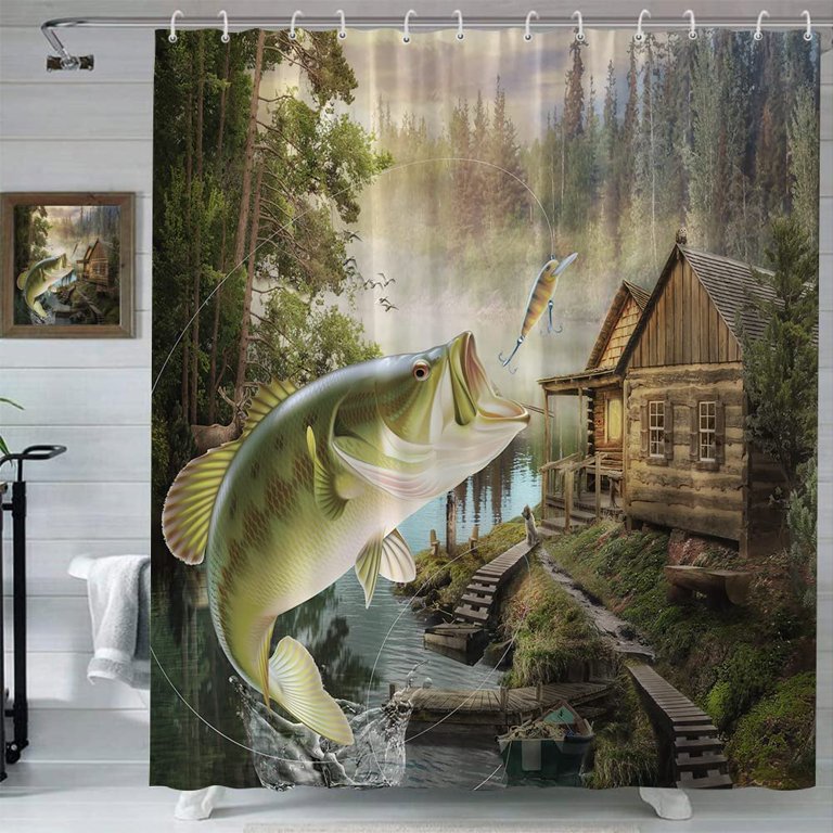 aoselan Farmhouse Cabin Shower Curtain Big Bass Fish Wildlife Animal  Hunting Wooden Plank Lodge Green Forest with Lake Countryside Natural  Scenery Fabric Bathroom Curtains with Hooks 36X72Inch 