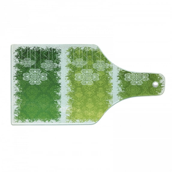 Irish Cutting Board, Aged Vintage Antique on Green Toned Color Bands Celtic Historic Lace Image, Decorative Tempered Glass Cutting and Serving Board, Wine Bottle Shape, Multicolor, by Ambesonne