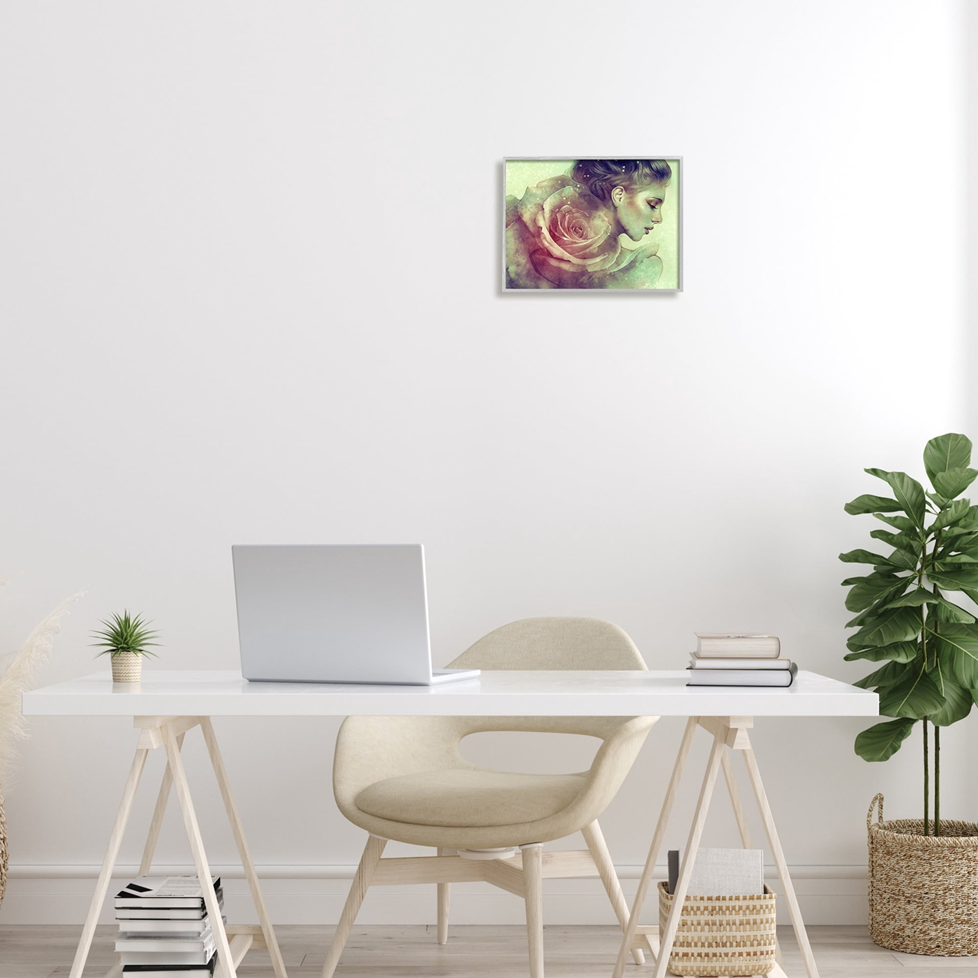 Detailed Woman Portrait Layered Pink Rose Blossom Botanical & Floral Painting Framed Art Print Wall Art