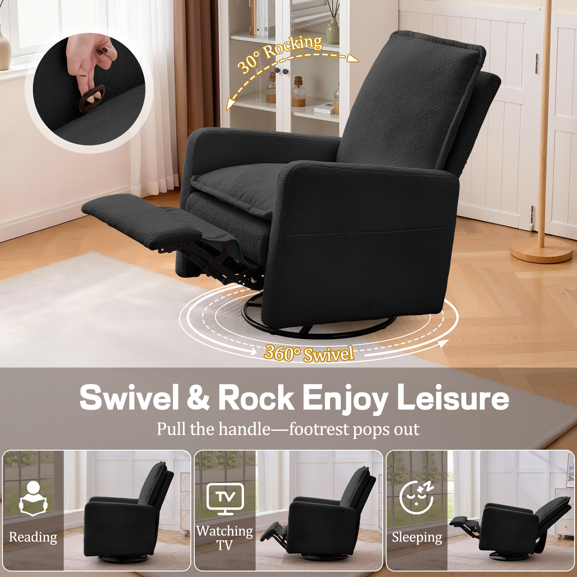 Korser Manual Swivel Rocker Recliner Chair with Side Pockets Nursery Glider Recliner for Living Room, Nursery, Black