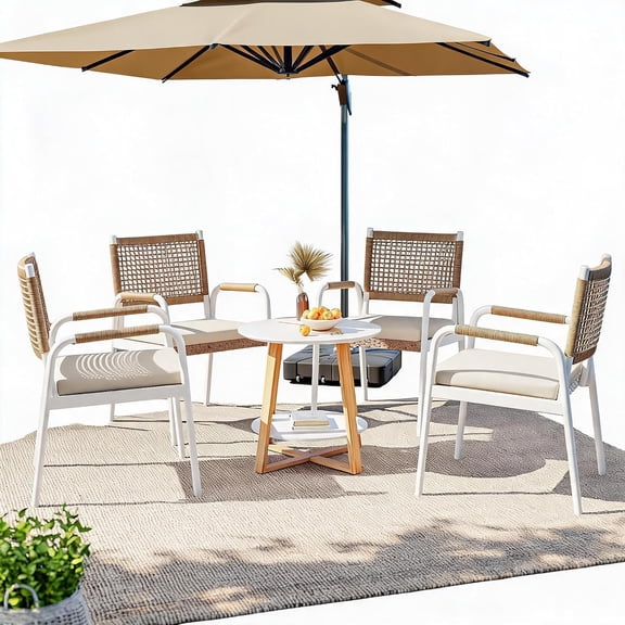 Set of 4 Wicker Patio Dining Chairs with Cushions, Outdoor Rattan Chairs with Armrests and Metal Frame, Easy Assembly，White