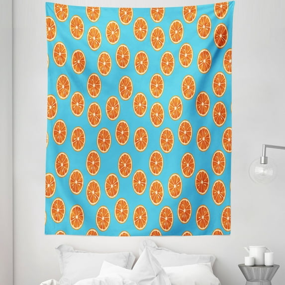 Tangerine Tapestry, Repetitive Pattern with Round Slices of Exotic Citrus Fruit, Fabric Wall Hanging Decor for Bedroom Living Room Dorm, 5 Sizes, Sky Blue Burnt Orange, by Ambesonne