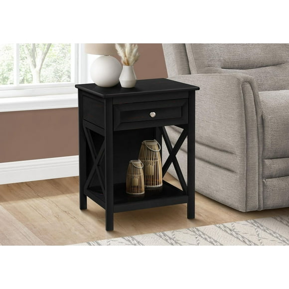 Monarch Specialties Accent Table, End, Side Table, 2 Tier, Bedroom, Nightstand, Lamp, Storage Drawer, Black Veneer, Transitional
