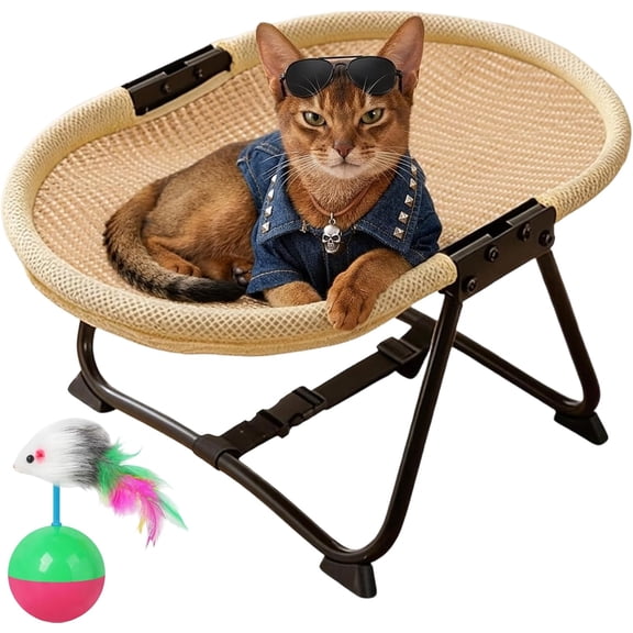 Foldable Elevated Cat Bed, Raised Breathable Linen Mesh Pet Cot with Metal Frame, Portable Indoor Outdoor Small Dog Cat Hammock Lounger with Carry Bag for Rest & Sleeping