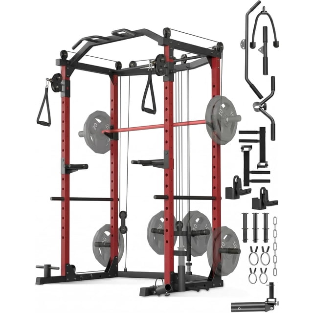 Home Gym Power Cage – 1600 lb Full-Featured – Multi-Function Squat Rack with Cable Crossover – LAT Pulldown, J-Hooks, Dip Bars & Landmine – Strength Training Station