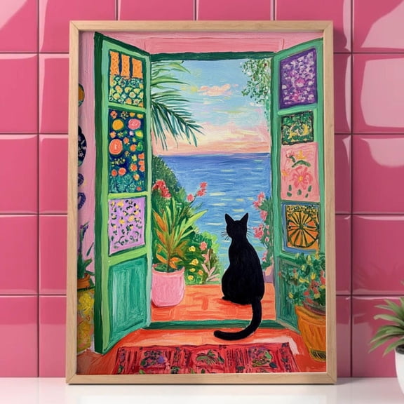 Matisse The Open Window Cat Print, Black Cat Matisse Poster,Modern Wall Art Cat Poster, Cute Black Cat Print, Henri Matisse Poster Funny Cat UNFRAMED PAPER POSTER, Home Decor, Living Room Dercor