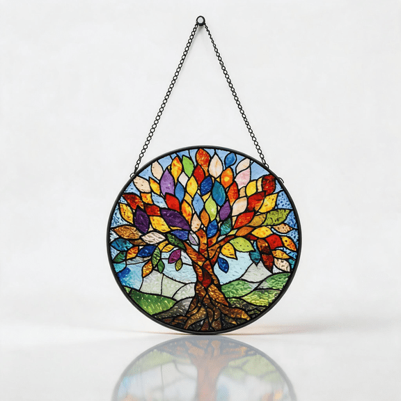 Stained Glass Tree of Life Suncatcher, 7.8-inch Window Hanging Wall Art Decor with Chain