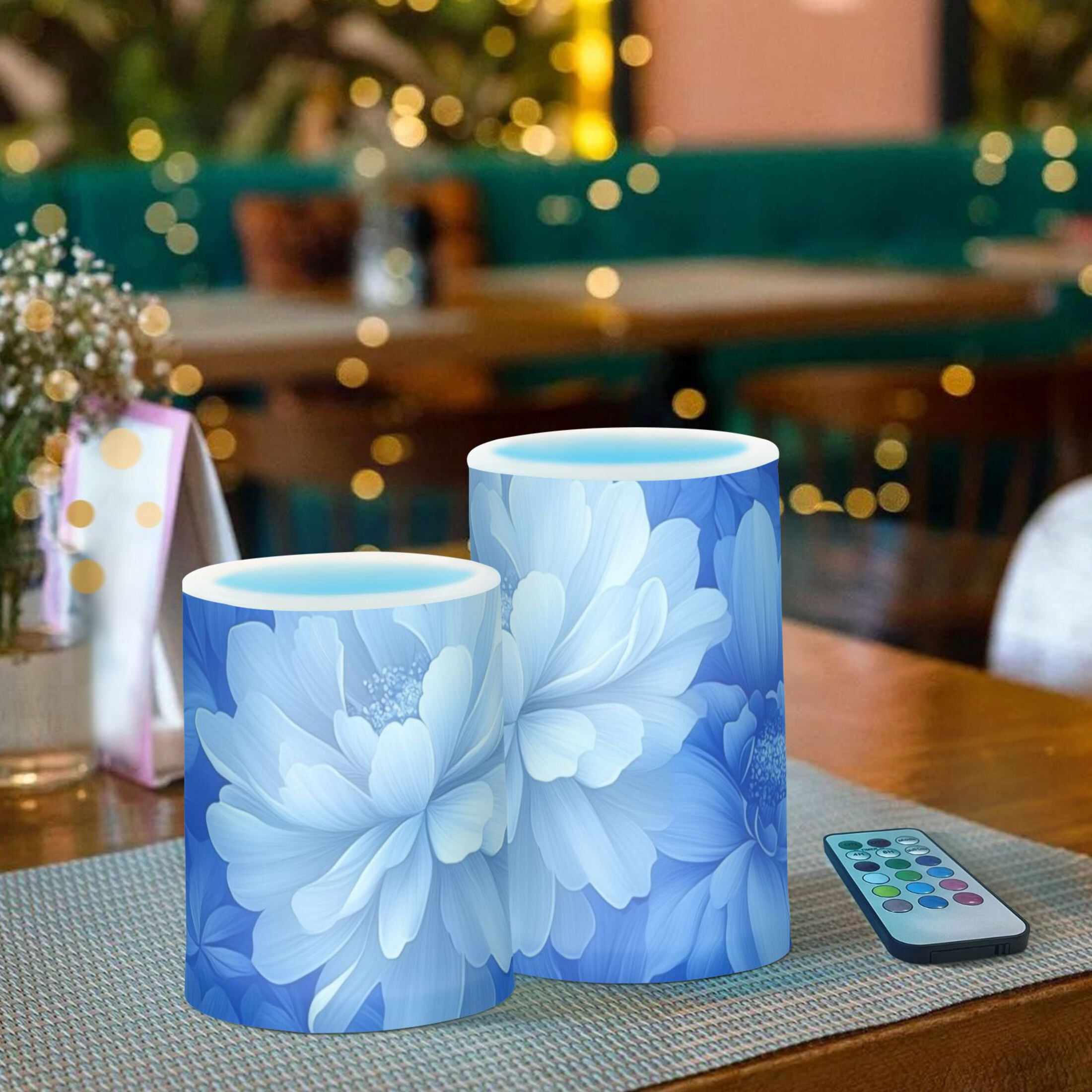 Elegant Blue Flower Flickering Flameless Candles Battery Operated with Remote Timer LED Pillar Candles Set of 2