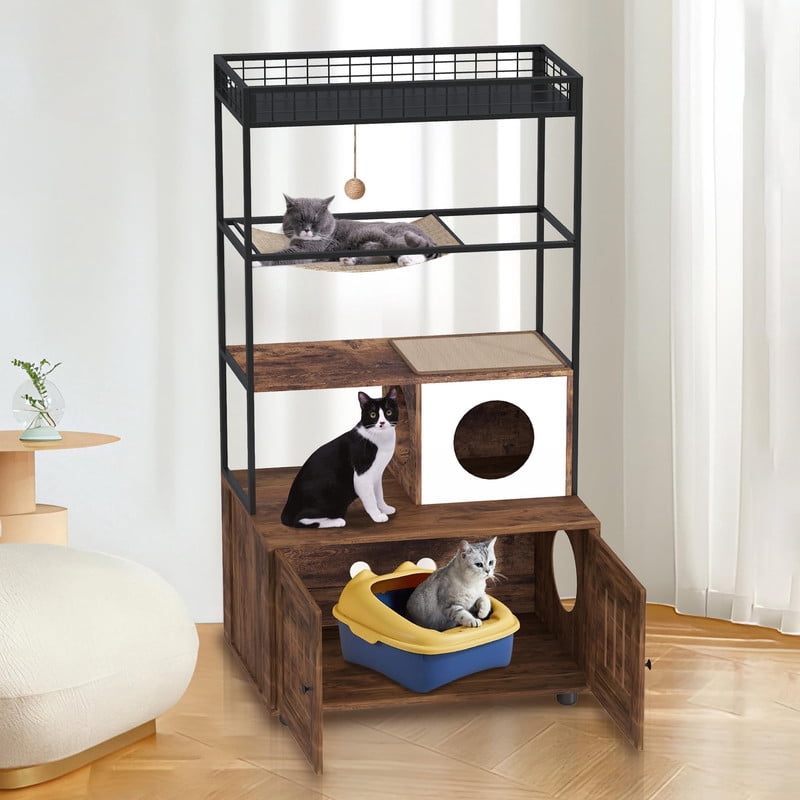 TROPOW 60" Cat Litter Box Furniture Cabinet with Condo, Brown Cat House with Storage Shelf, Sisal Hammock, Hanging Play Ball and Reversible Entry Door, Hidden Litter Enclosure for Indoor Cats