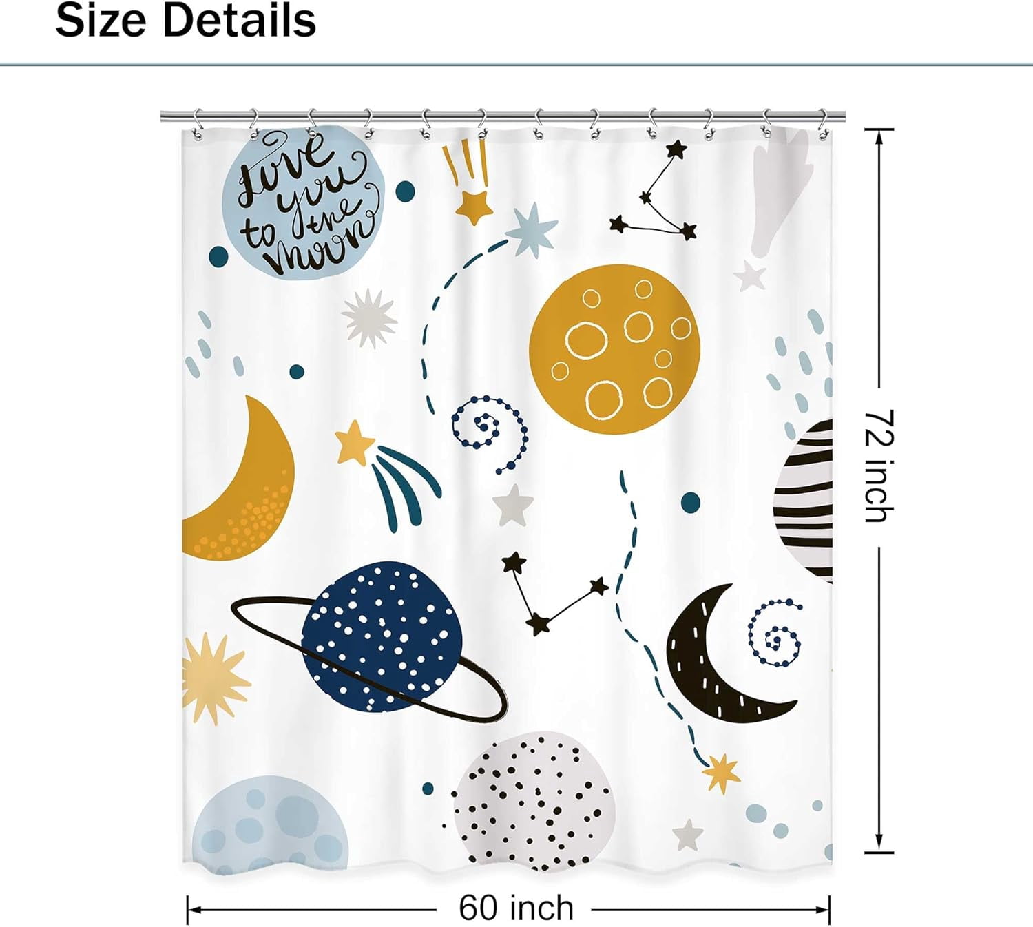 Kids Boys Shower Curtain Cartoon Planet Cute Universe Galaxy Space Moon Kid Shower Curtain Bathroom Set Baby Print Cosmos for Boys Girls Kids Bath Curtain Accessories Decor 72Wx72L