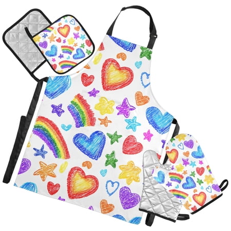 Ryvnso Hand Drawn Heart Rainbow Kitchen Apron Oven Mitts Set Pot Holders