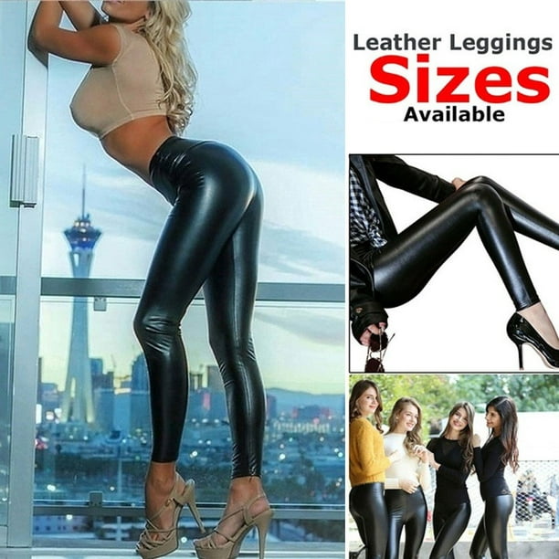 Women Wet Look PU Leather Skinny Leggings High Waisted Stretch