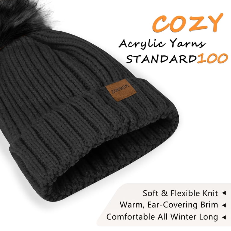 Soft Knit Pom Pom Beanie with Faux Fur Pom, Acrylic Winter Hat FURTALK Winter Beanie Knit Hat for Women Warm Fleece Lined  main image 2