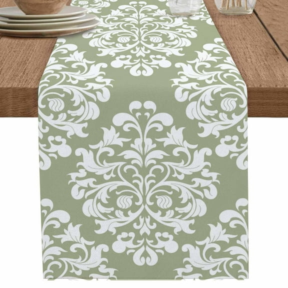 Classical Victorian Floral on Sage Green Table Runner-70 Inch Long Abstract Art Table Runners Linen Burlap Tablerunner for Kitchen Dining Room Holiday Party