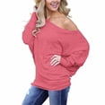 thumbnail image 4 of Samickarr Long Sleeve Shirts for Women Trendy Casual Solid Color Off-Shoulder Patchwork Loose T-Shirt Top, 4 of 4
