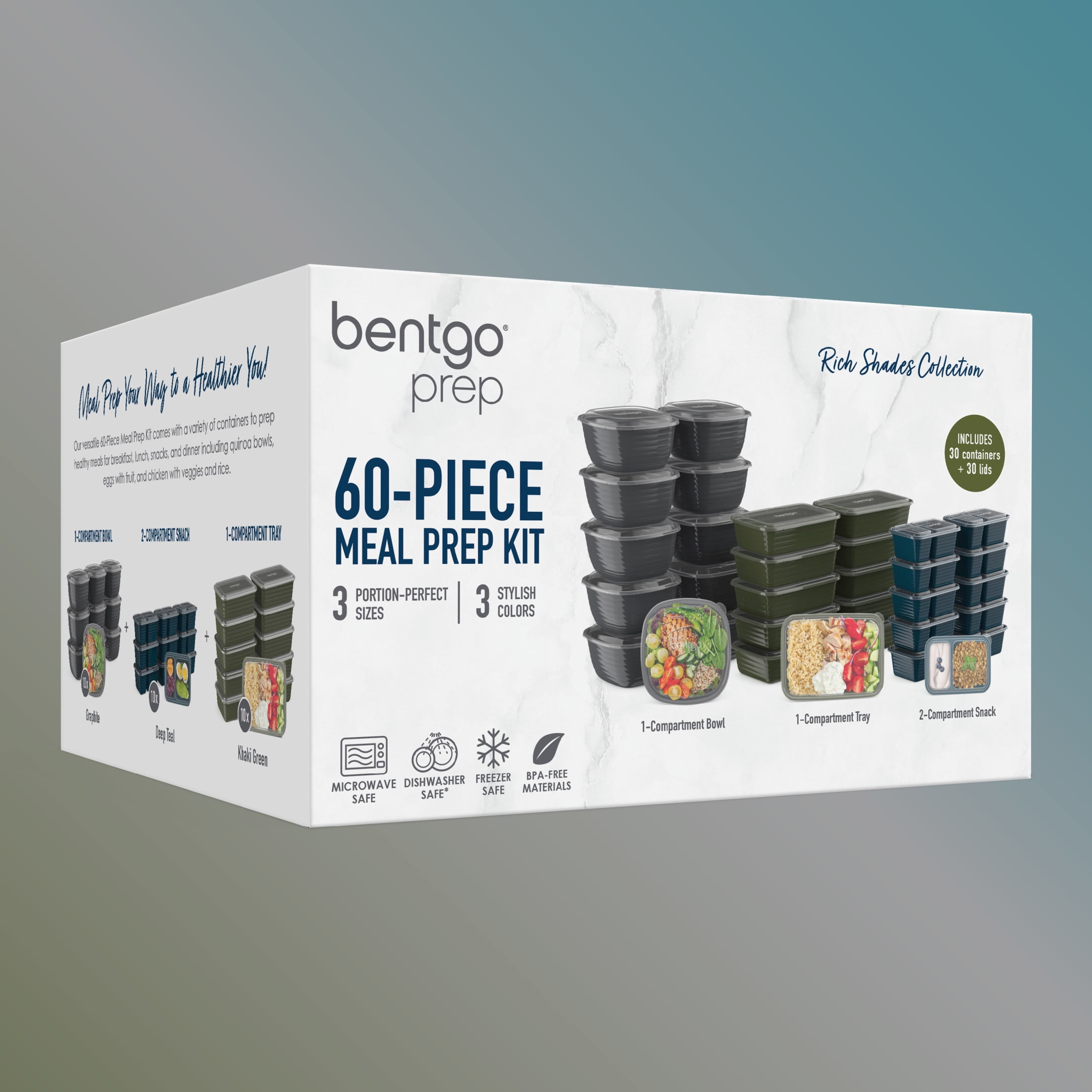 Bentgo Prep 60-Piece Variety Meal Prep Kit - Reusable & BPA-Free Food Containers 1-Compartment Trays, Prep Bowls, & Snack Boxes - Microwave, Freezer, & Dishwasher Safe (Rich Shades)