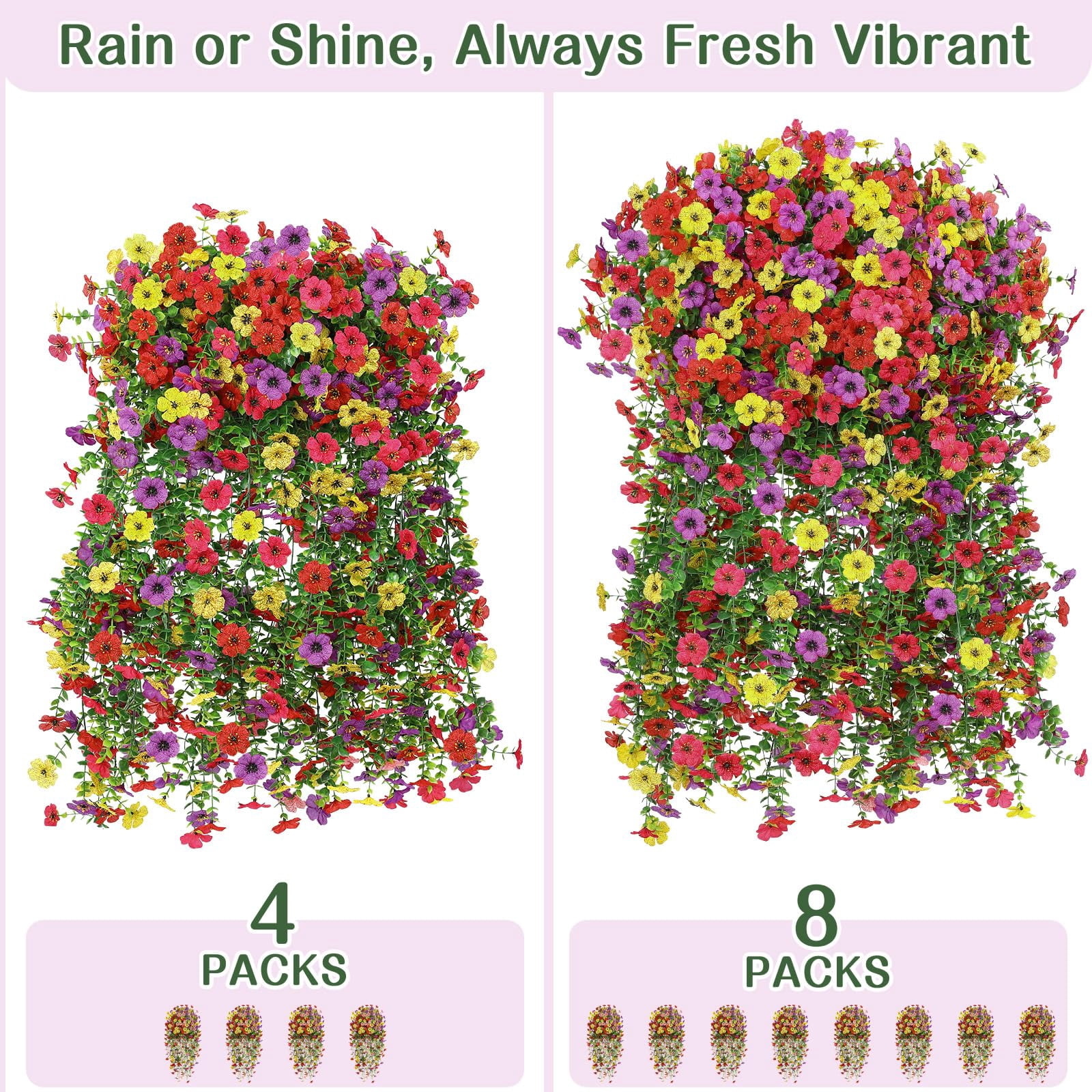 Alupssuc 4 Pcs Artificial Spring Flowers, UV Resistant Fake Hanging Plants Faux Silk Violets for Outdoors Decoration, Red, Rose, Purple, Yellow