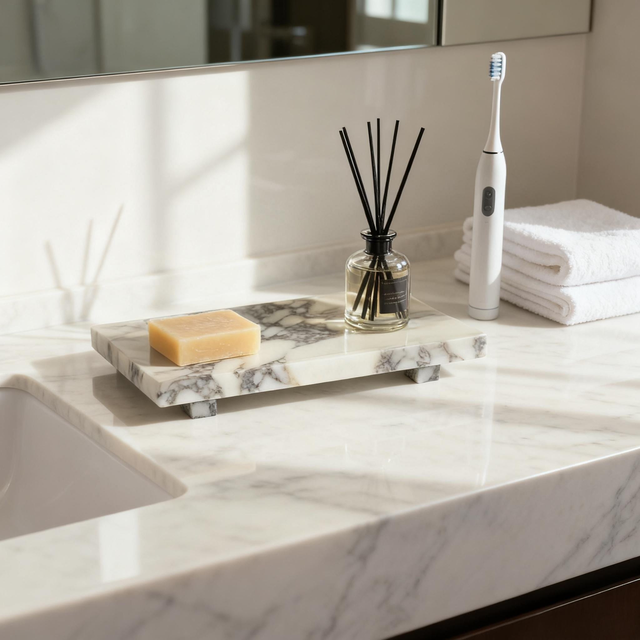 Calacatta Violet Marble Pedestal Stand Tray, Versatile Organizer for Bathroom Vanity, Makeup Dressing Table, Natural Stone Home Decor
