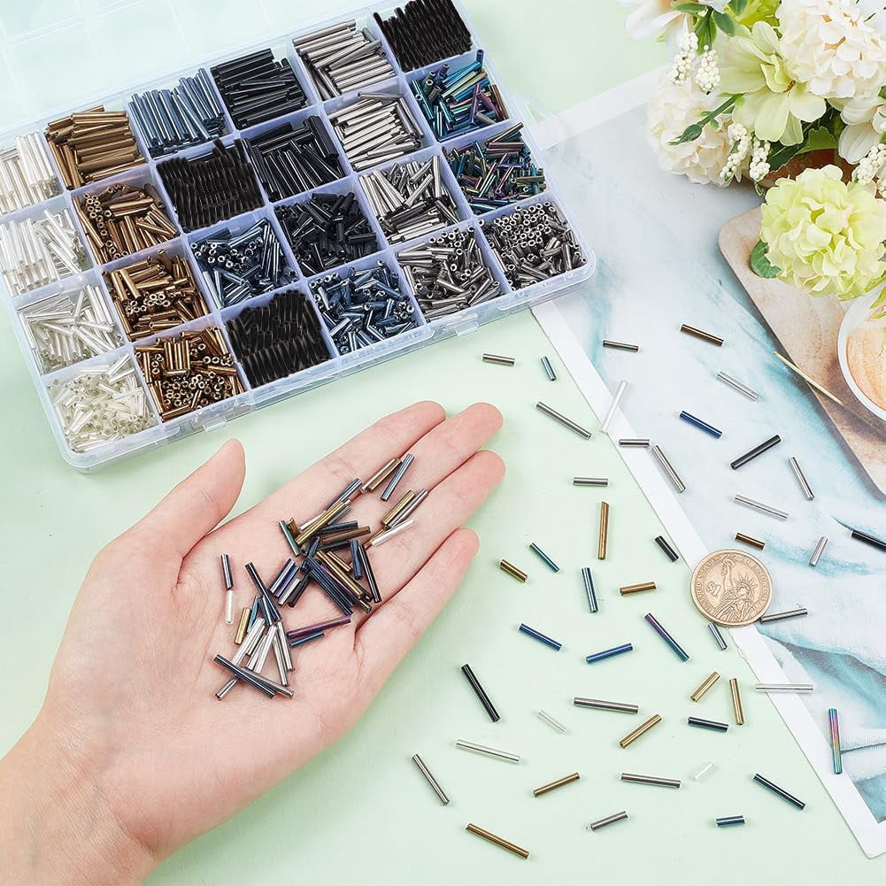 2165pcs 24 Styles Glass Bugle Beads Metallic Long Seed Beads 9/12/15/18/20x2.5mm Tube Beads Craft Beads Loose Spacer Bead for Earrings Bracelets Necklaces Waist Chain Jewelry Making DIY