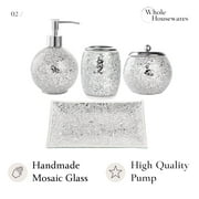 whole housewares bathroom accessories set, 4-piece glass mosaic bath accessory completes with lotion dispenser/soap pump, cotton jar, vanity tray, toothbrush holder (silver)