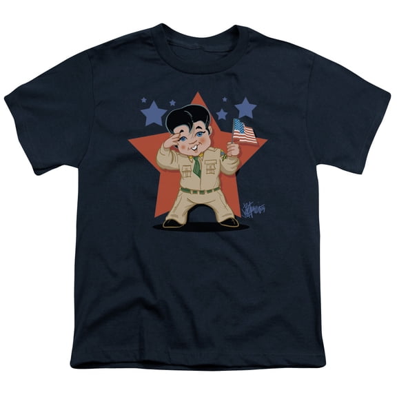 Trevco ELV675-YT-2 Elvis Presley & Lil GI Youth 18-1 Short Sleeve T-Shirt, Navy - Medium