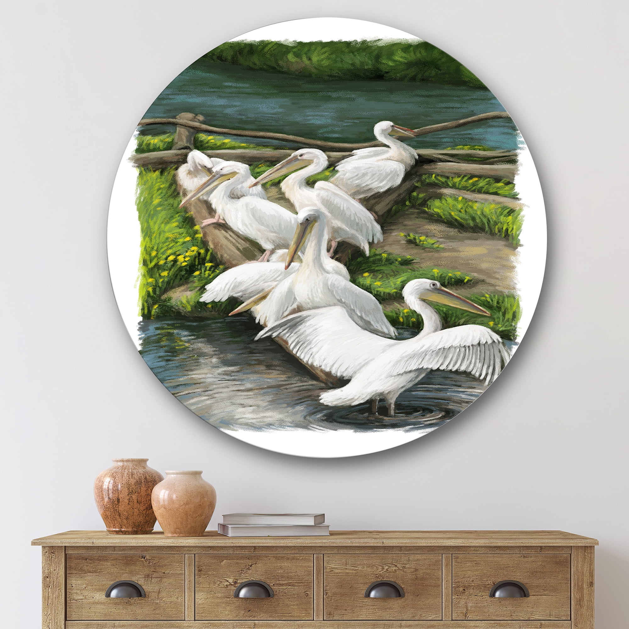 Designart 'Pelicans Resting Near The river Water' Traditional Circle Metal Wall Art 29x29 - Disc of 29