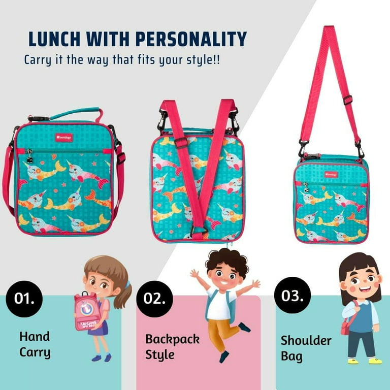 Bentology Convertible Soft Blue Narwhal Insulated Durable Lunch Bag for Kids-Zippered Outer Pocket-Adjustable Straps Convert to Backpack, Shoulder