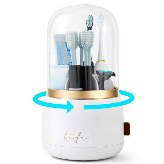 Toothbrush Holder with Cover for Bathrooms – 360° Rotating 7-Slot Toothbrush Organizer and Toothpaste Stand, Covered Toothbrush Holder with Drain for Bathroom Countertop or Vanity Storage