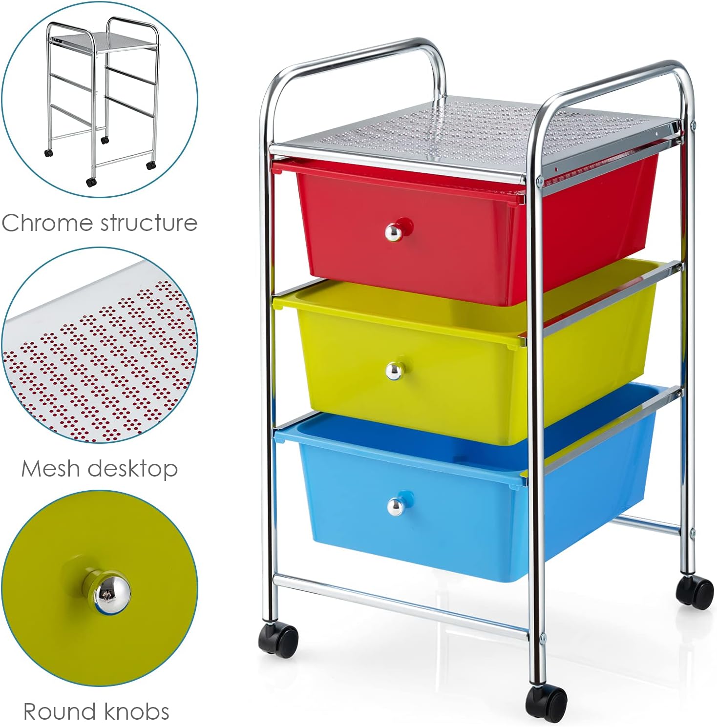 Rolling Cart Storage Bin 3 Drawes Plastic Drawers With Multicolor