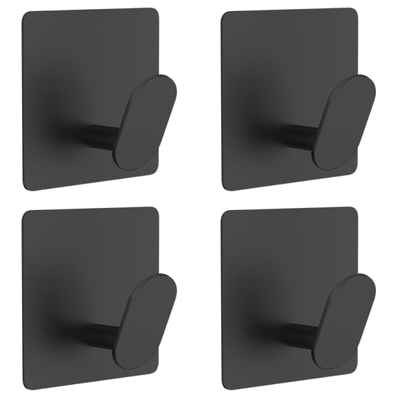 4 Pack Stainless Steel Self-Adhesive Towel Hooks for Wall Hanging, for Coats, Robes, Clothes, Bathroom, Shower, Toiletries, Kitchen Storage, Black Square