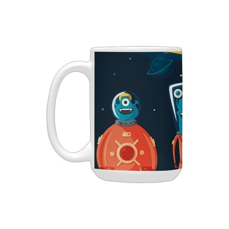 

Fantasy Aliens with Digital Head Outer Space Ufo Astronaut Funny Cosmos Illustration Dark Blue Scarl Ceramic Mug (15 OZ) (Made In USA)