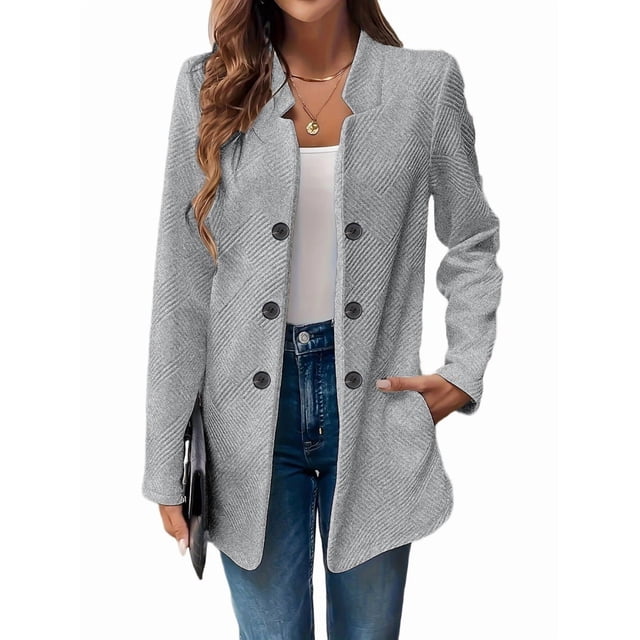 Blazer de Mujer con Cuello Alto, Informal, de Larga, Cruzado, Elegante, para Oficina y Negocios Gris M