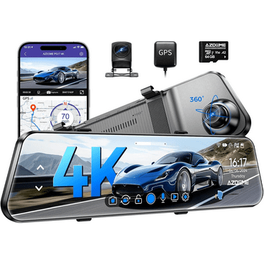 AZDOME Rear View Mirror Dash Cam, Dual Camera 4K Front and 1080P Rear Camera, 12'' Mirror Dash Cam with Night Vision, Built-in Wi-Fi GPS, Free 64GB Card, Parking Monitor