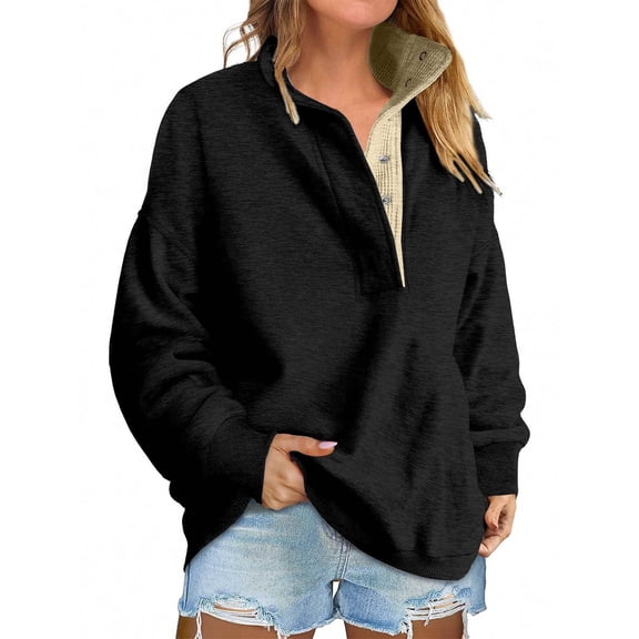 Wevis Women's Henley Pullover Sweatshirt Long Sleeve Casual Loose Fit Tops - BLACK_S