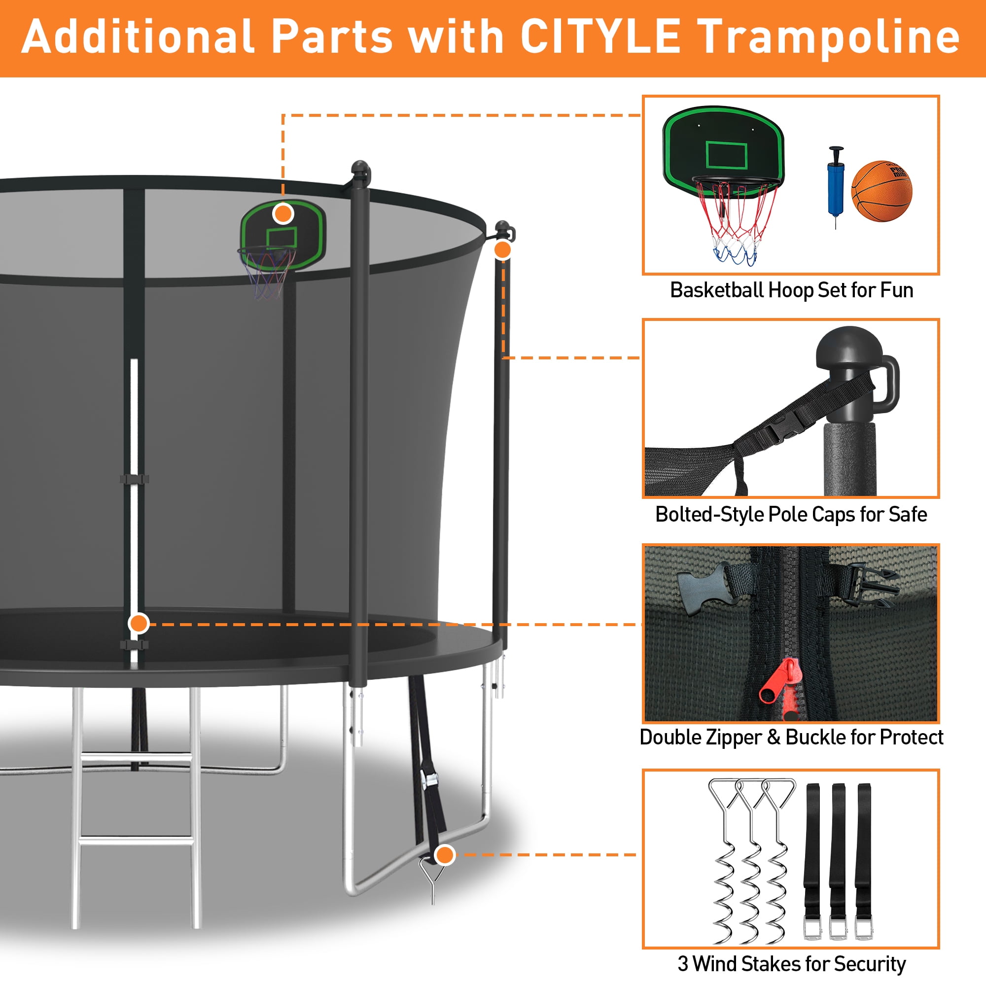 CITYLE Trampoline 10FT Trampoline for Kids and Adults, Outdoor Trampoline with Lights, Trampoline with Enclosure, Basketball Hoop, Wind Stakes, Ladder, Weather Resistant, Easy Assembly, Last Long